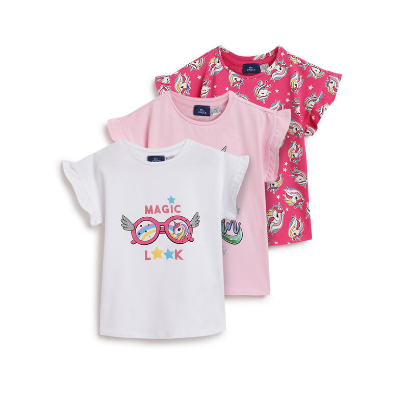 Girls Multicolor Printed T-shirt (Pack of 3) image number 0